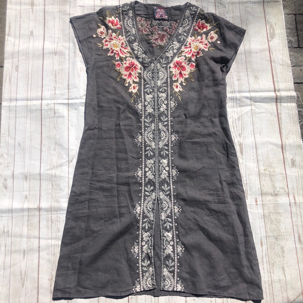 Johnny Was Gray Embroidered Midi Linen Dress